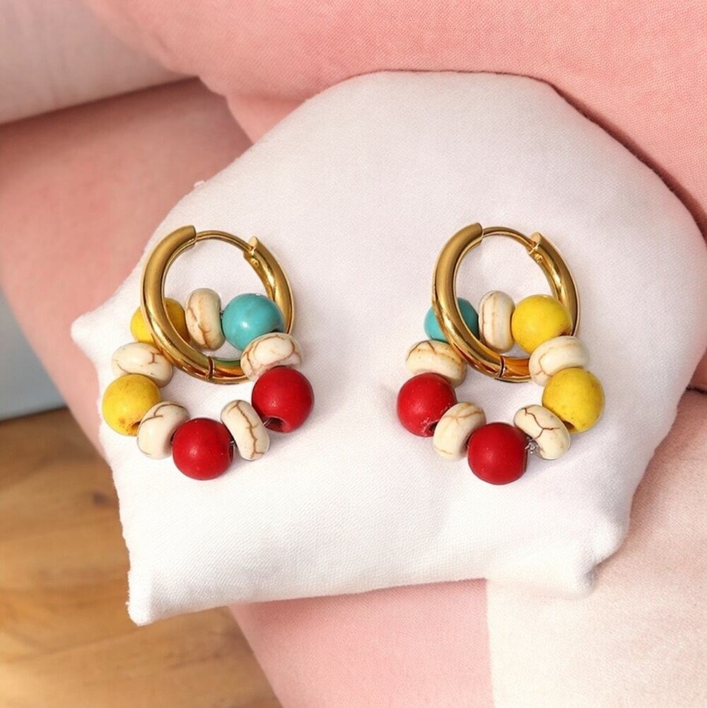 NEW 18K yellow gold plated BoHo colorful wood bead hoop earrings jewelry B29A